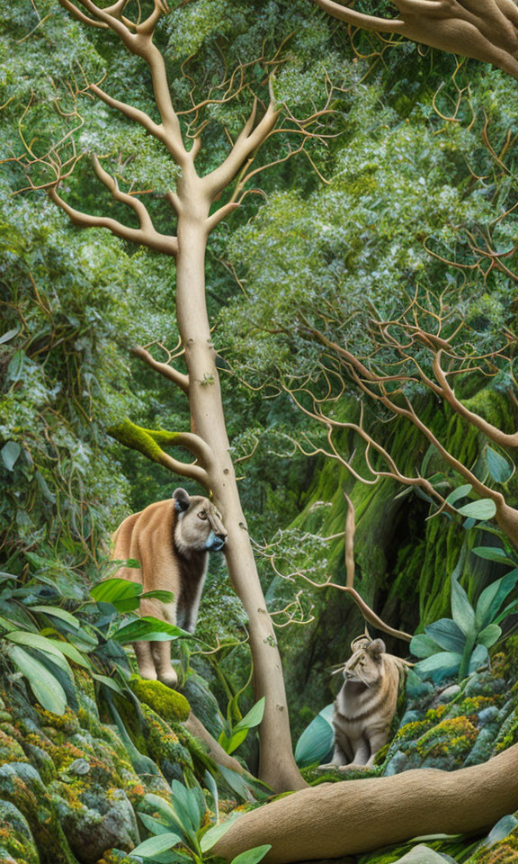 Lemurs perched on tree branch with lush green foliage