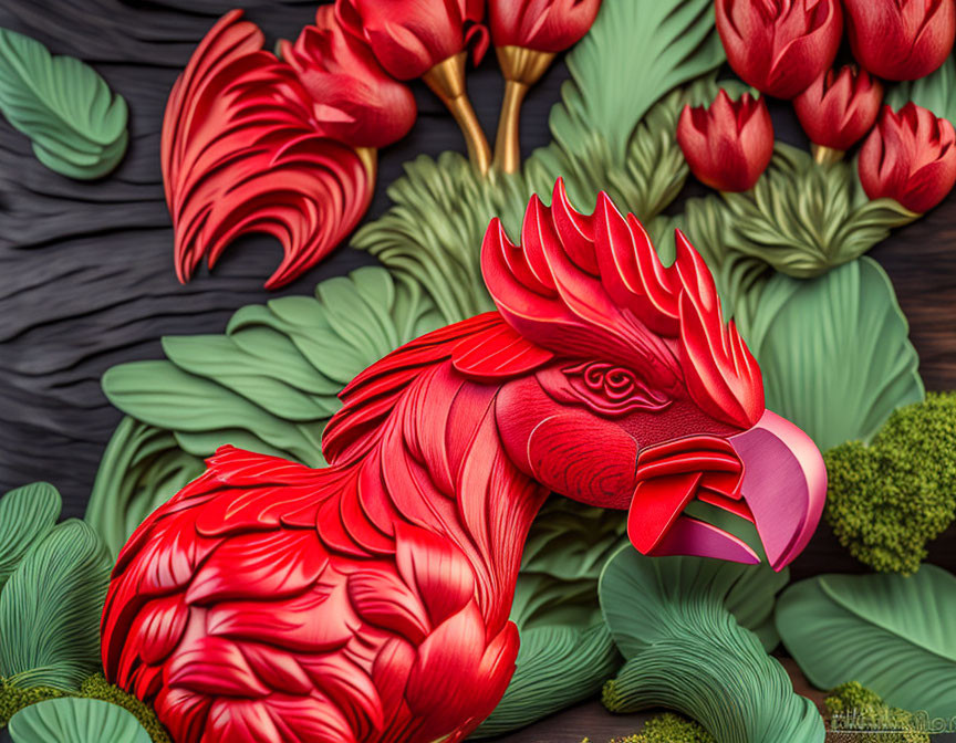 Red Paper-Art Bird Sculpture with Foliage and Tulips