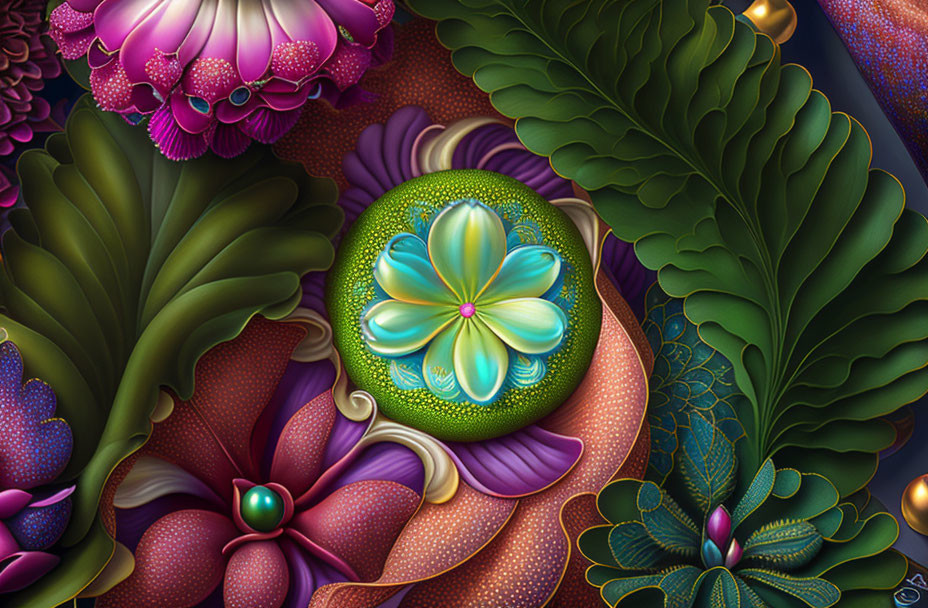 Colorful digital artwork of stylized flowers and foliage with intricate patterns