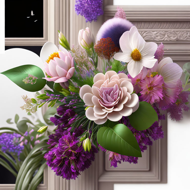 Eclectic Purple and White Flower Bouquet in Picture Frame