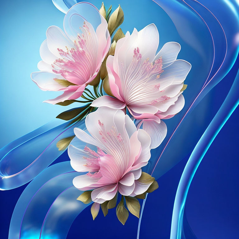 White and Pink Flowers with Golden Accents on Blue Abstract Background