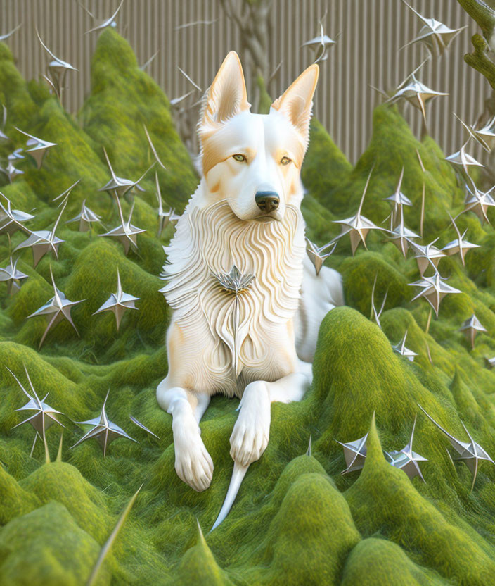 White Dog Sitting in Moss-Covered Hills with Star-Shaped Elements