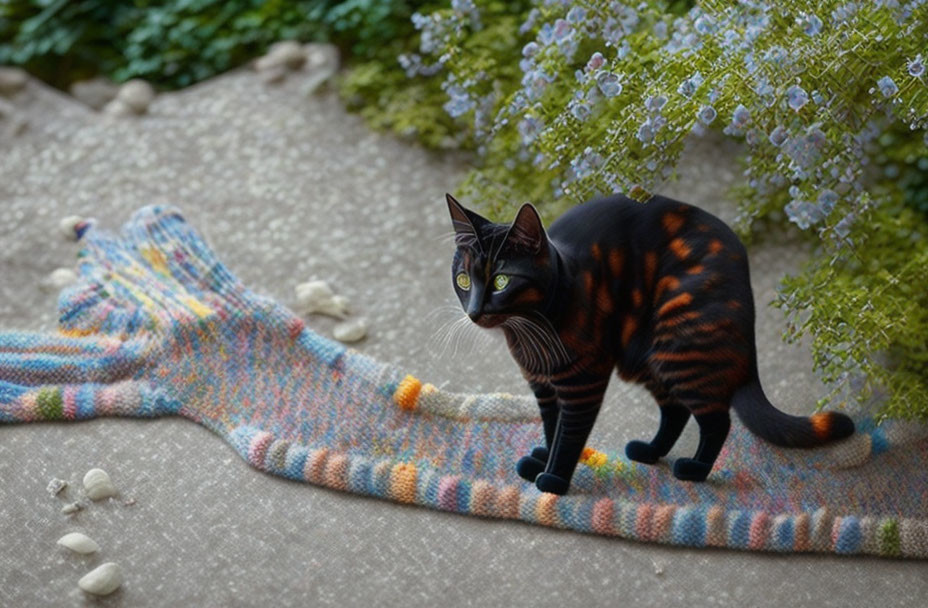 Black Cat with Orange Stripes on Colorful Knitted Blanket