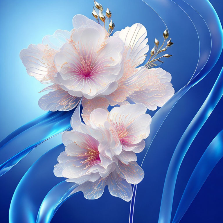 White Flowers with Golden Accents on Blue Wave Background