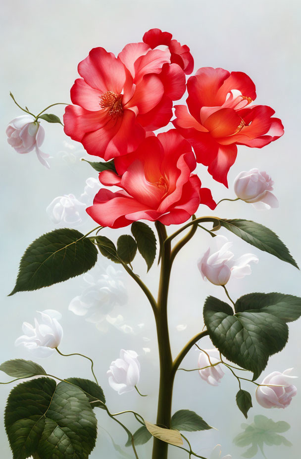 Detailed image of red rose stem with stamens, pink buds, and green leaves