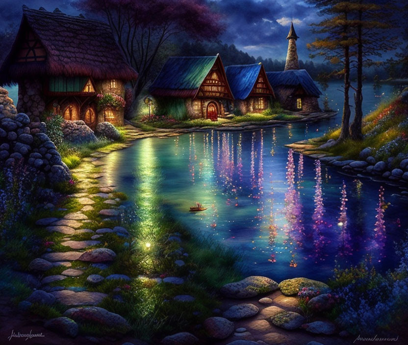 Tranquil night view: thatched cottages, river reflections, boat, stone path