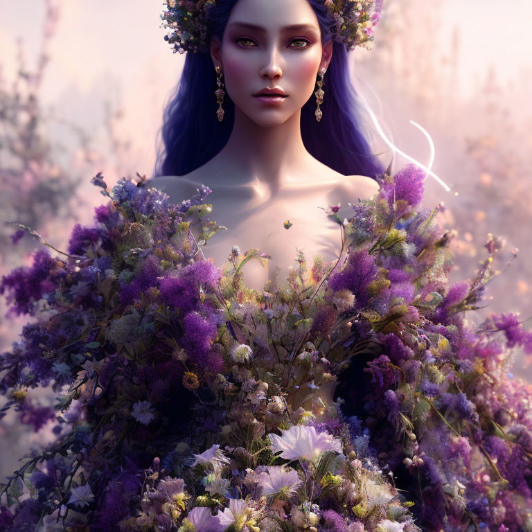 Fantastical female figure with purple hair and floral crown in purple and white blossom dress on dreamy