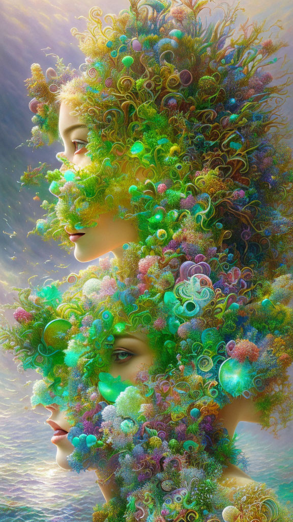 Ethereal dual faces in surreal foliage fusion