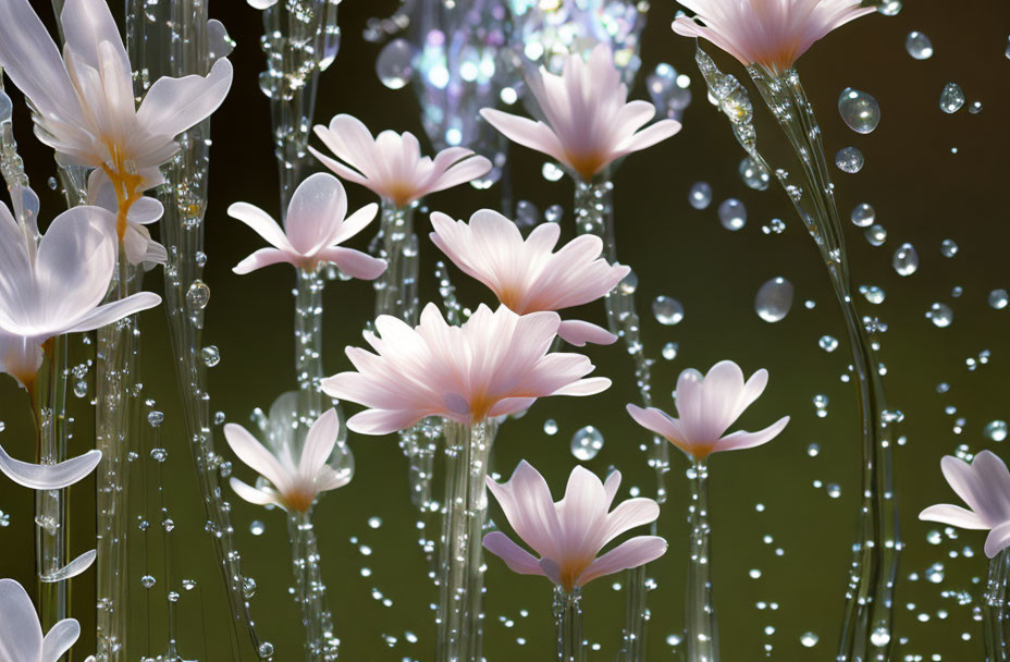 Pale Pink Flowers with Water Droplets on Stems Against Dark Background