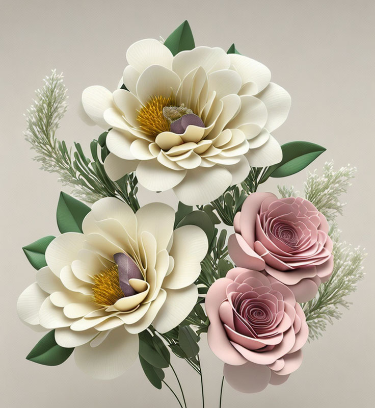 Stylized white and pink flowers with green foliage on beige background