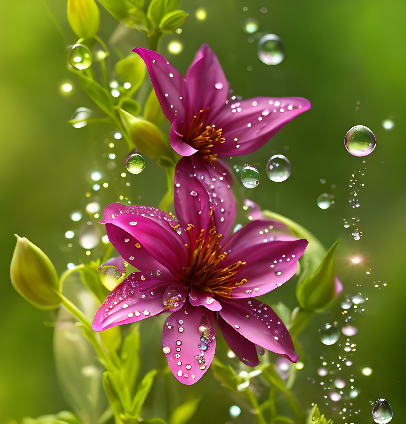 Pink flower with water droplets in green foliage and bokeh background