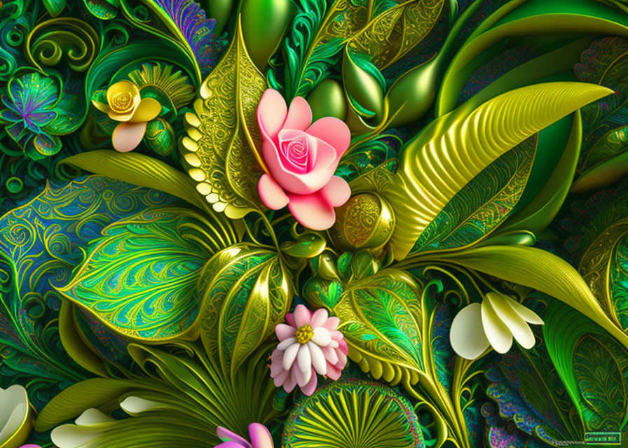 Colorful digital art: Green leaves, pink rose bouquet