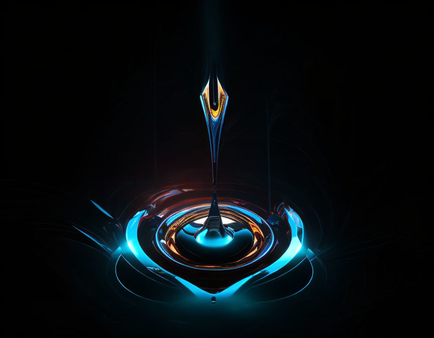 Digital artwork: Luminous drop creates ripples in neon blue and orange pool