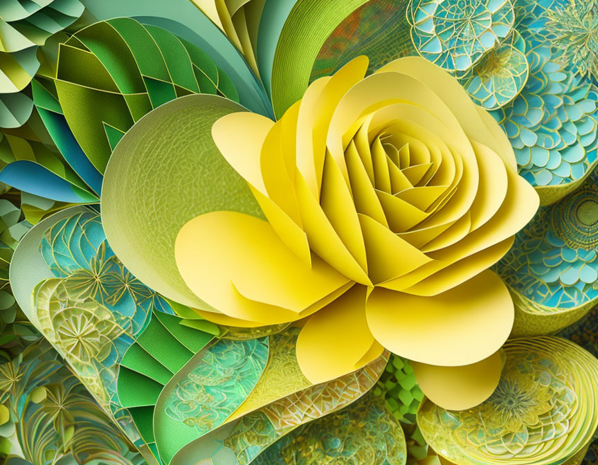 Colorful digital artwork with intricate patterns and yellow paper flower on green background