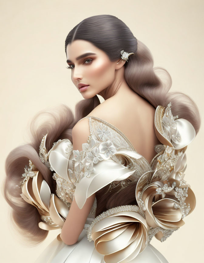 Woman in Sleek Hair & Floral Gown with Voluminous Sleeves