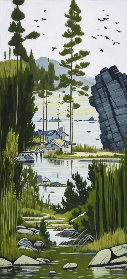 Tranquil landscape with lakeside cabin, tall trees, rock formation, and birds