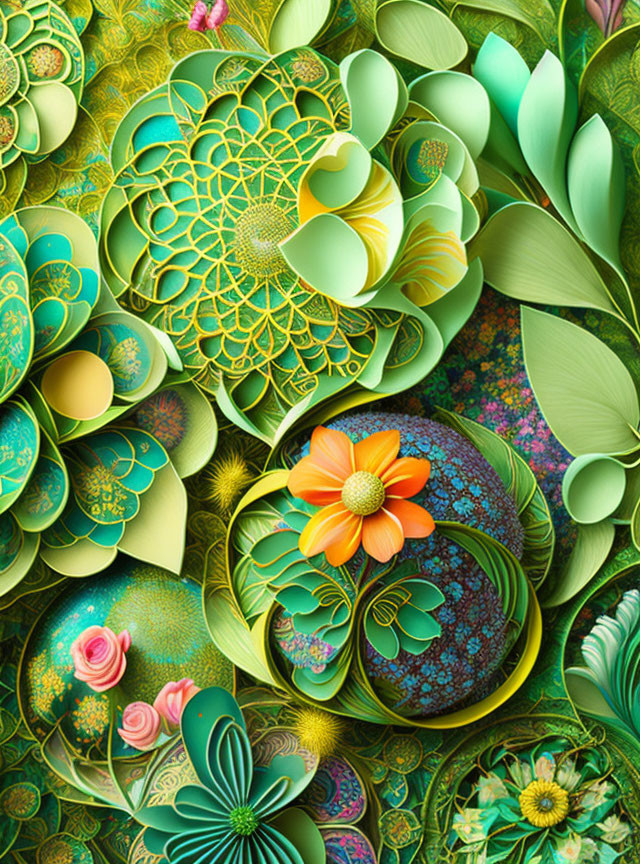 Detailed Paper Art: Flowers & Leaves in Green & Bright Colors