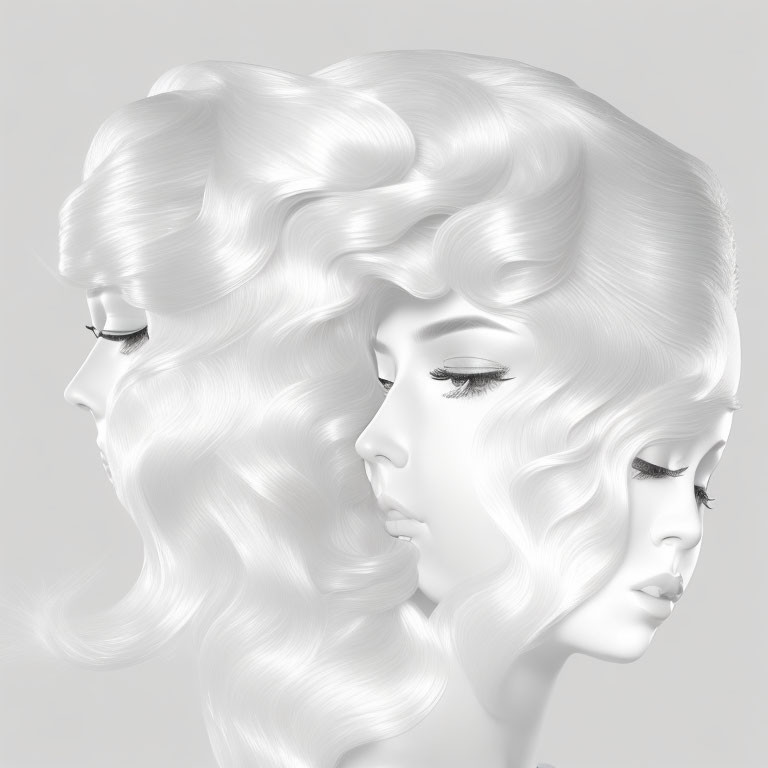 Stylized female figures with flowing white hair on gray background