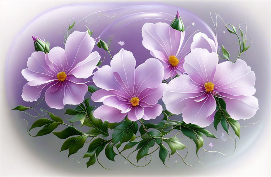 Vibrant Purple Flowers with Green Leaves on Lilac Background