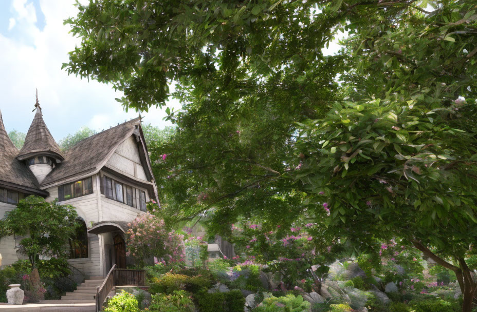 Charming cottage with turret in lush greenery & flowers