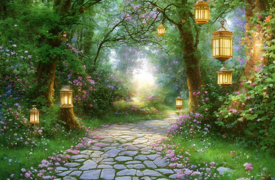 Tranquil cobblestone path with trees, flowers, and lanterns