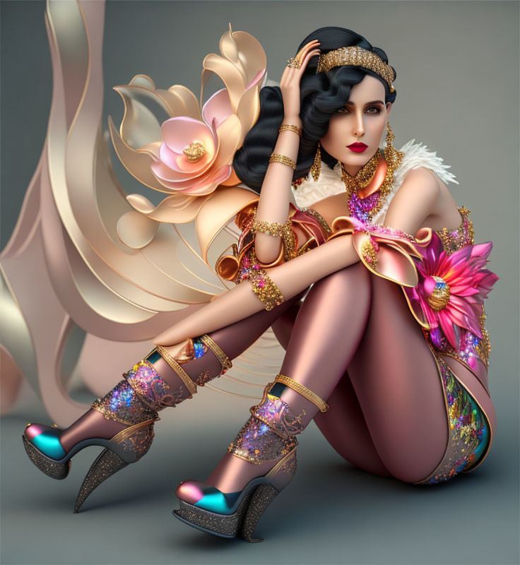Illustrated woman in ornate costume with gold accessories and high heels beside stylized lotus flower