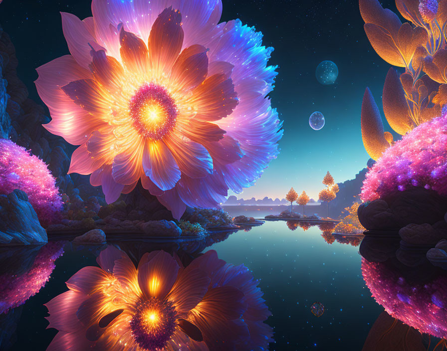 Luminous fantasy landscape with reflective water & vibrant flowers