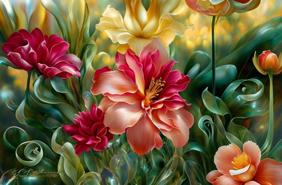 Colorful Floral Painting with Rich Reds, Yellows, and Greens