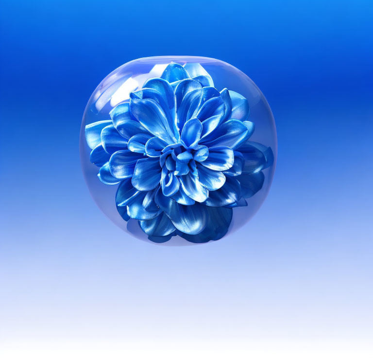 Blue Flower Encased in Translucent Sphere on Gradient Background