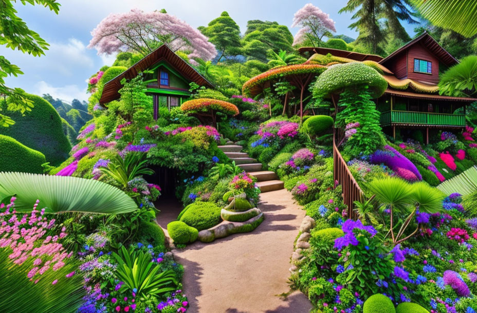 Vibrant garden path with whimsical houses and exotic flora.