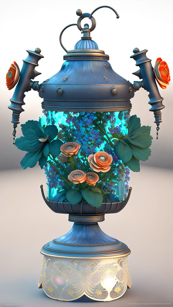 Fantastical samovar digital illustration with blue and gold accents