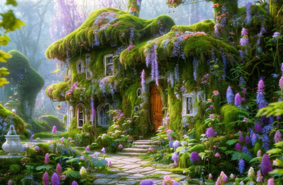 Moss-covered cottage with colorful flowers in foggy forest