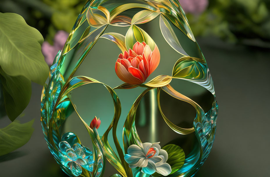 Colorful 3D digital art of translucent egg-shaped structure with swirling plant patterns and red-orange flower