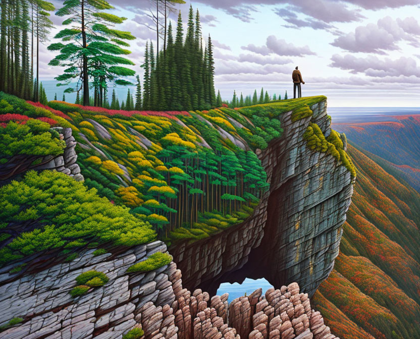 Person overlooking vibrant multicolored forest from cliff edge