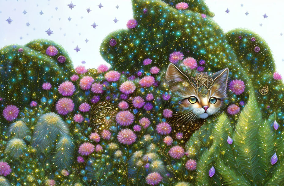 Cat's face merging with vibrant, starry landscape and flowers