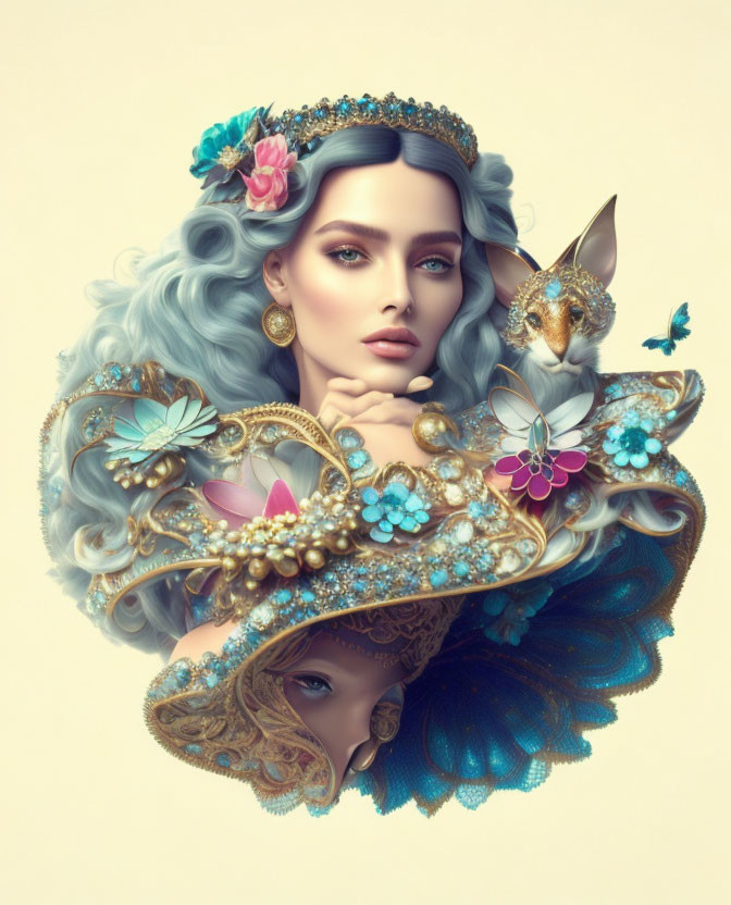 Illustrated woman with blue hair, crown, flowers, jewelry, butterflies, and whimsical animal.