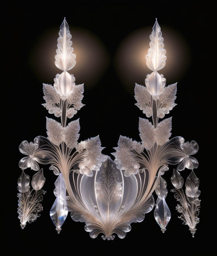 Symmetrical Crystal Glass Art: Leaf and Flower Patterns, Backlit Glow