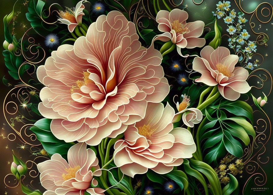 Detailed digital painting of lush pink flowers with green leaves and blue flowers, featuring twinkling star-like accents