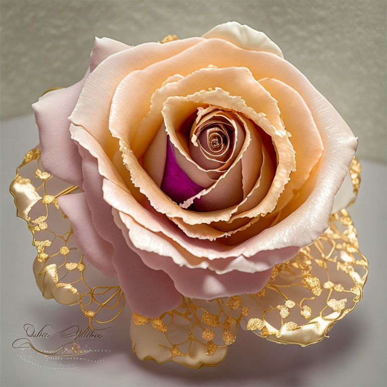 Delicate peach-colored rose with gold leaf accents on soft background