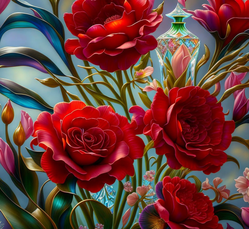 Red Roses and Swirling Blue Patterns with Green Leaves on Decorative Bottle