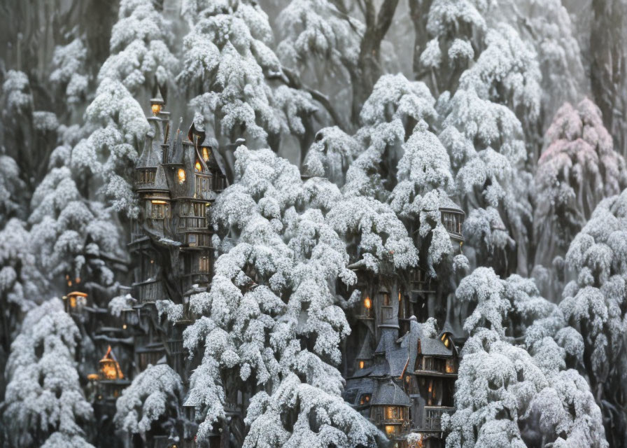 Snow-covered trees and lit wooden house in a winter scene