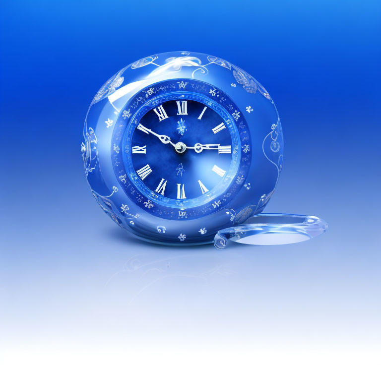 Blue Glass Pocket Watch with Roman Numerals and Zodiac Signs on Blue Background