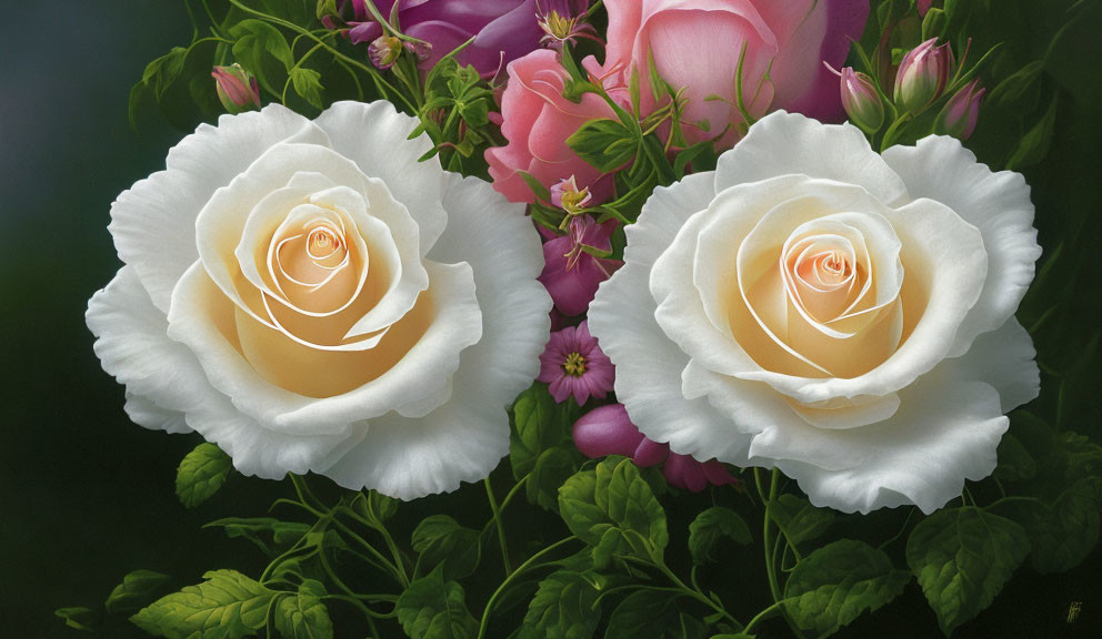 White roses with yellow center and pink blossoms on dark green background