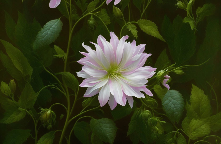 Pink and White Dahlia Flower with Green Leaves on Dark Background