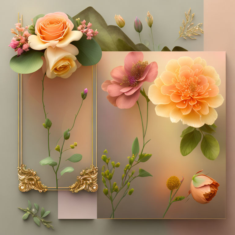 Pastel flowers and gold frames on gradient background