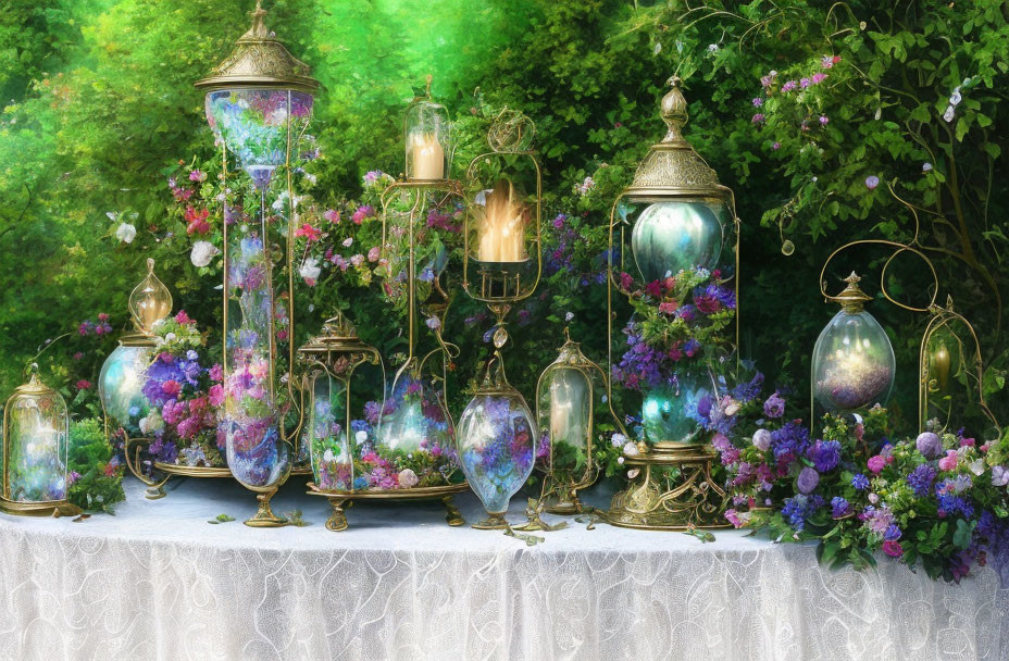 Vintage lanterns in lush greenery with purple flowers on elegantly draped table