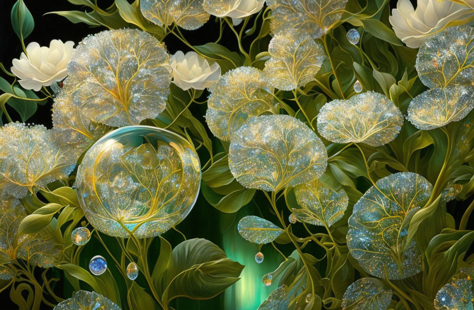 Fantastical glowing leaves and bubbles in soft light