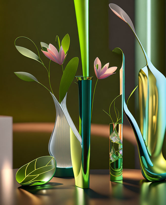 Vivid digital artwork: stylized vases, plants, reflective surfaces