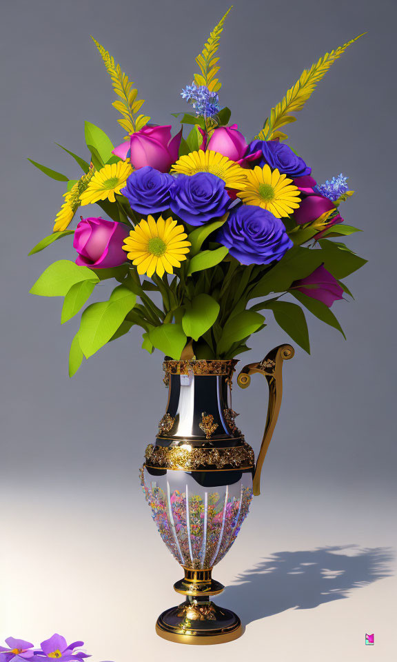 Colorful bouquet in golden trophy vase on grey background