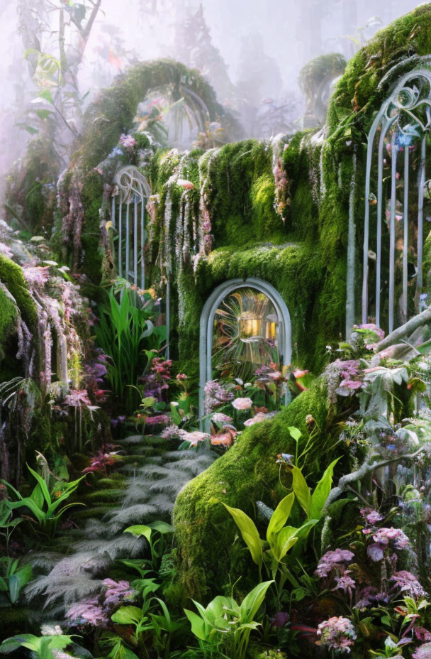 Moss-Covered Garden with Whimsical Doorway and Blooming Flowers
